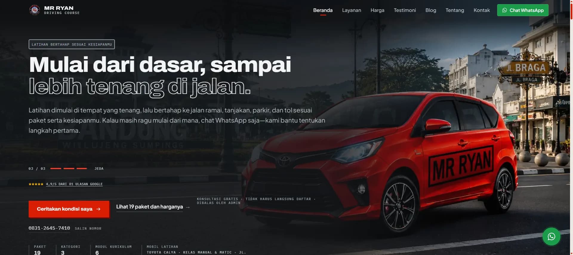 Website Mr Ryan Kursus Mengemudi yang dibuat BeresinAja — halaman utama