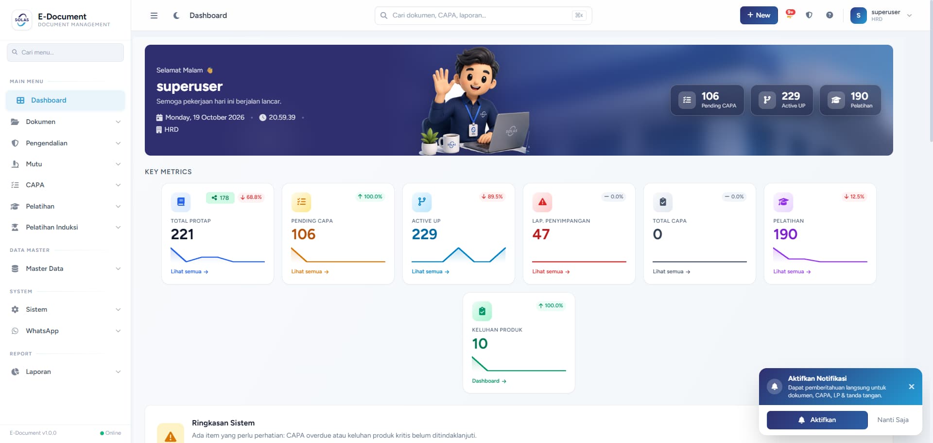 Preview of E-Documents: Document dashboard