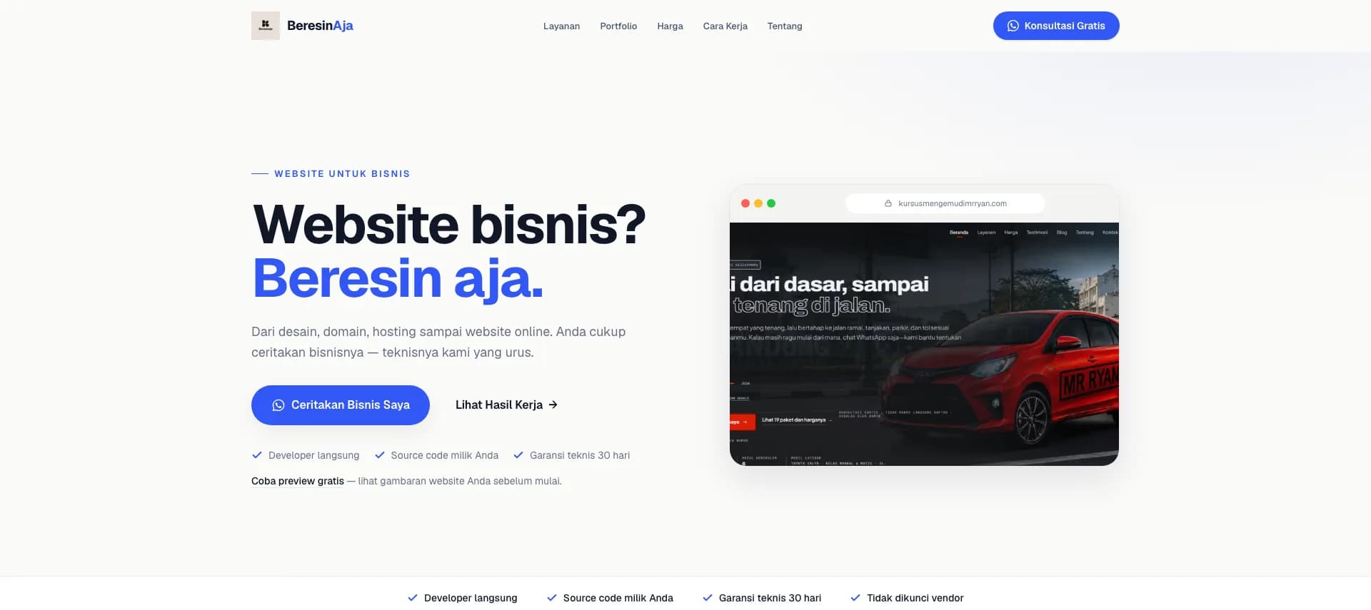 Tampilan halaman utama beresinaja.net