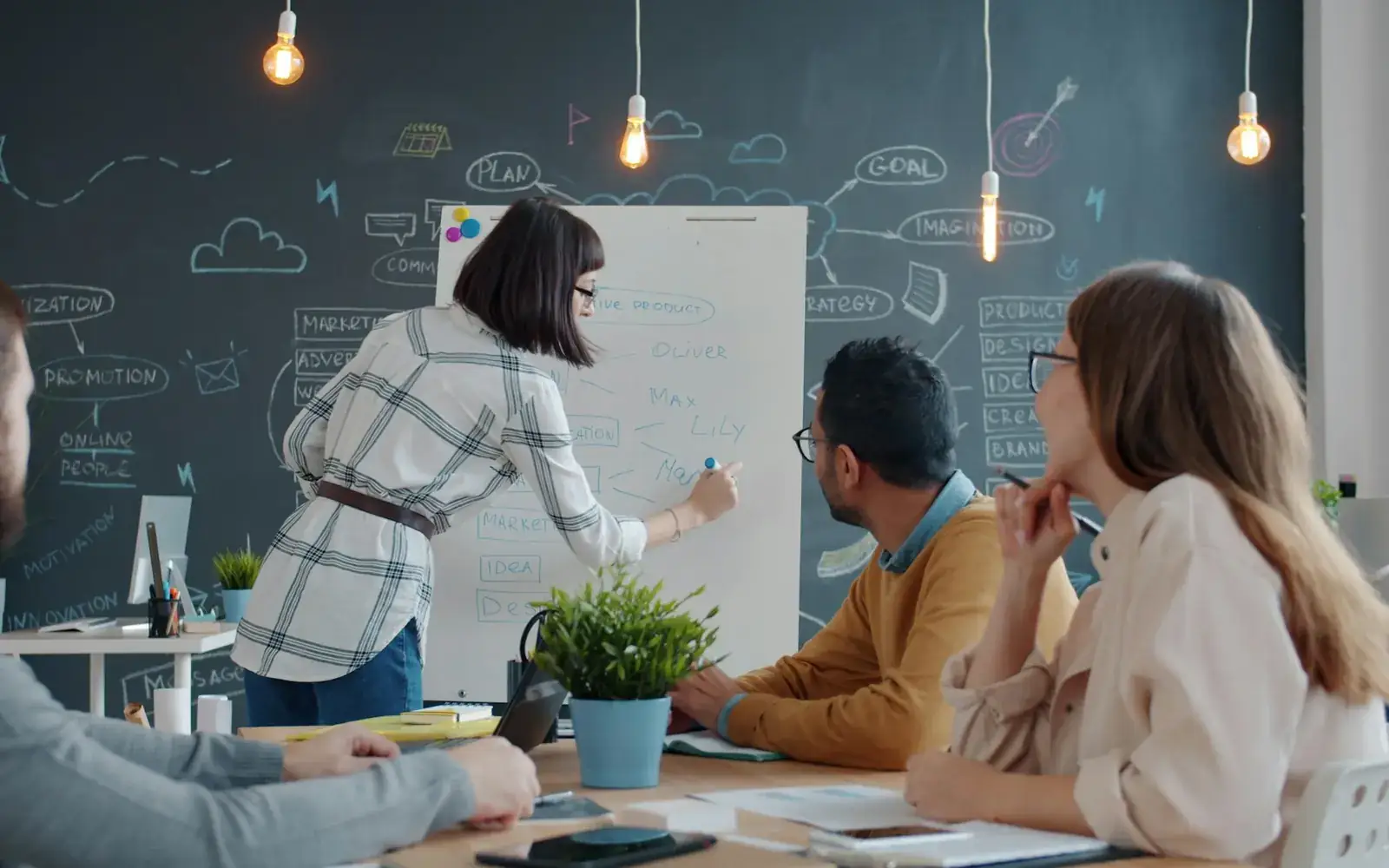 Discussing work plans at an office whiteboard